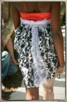 Style "In Paris" Red, White and Black- Hand dyed red vintage satin, upcycled black and white floral print dress from the 50's (yes, kept the pockets in!) and a velvet dotted netting from a vintage hat used as the bow